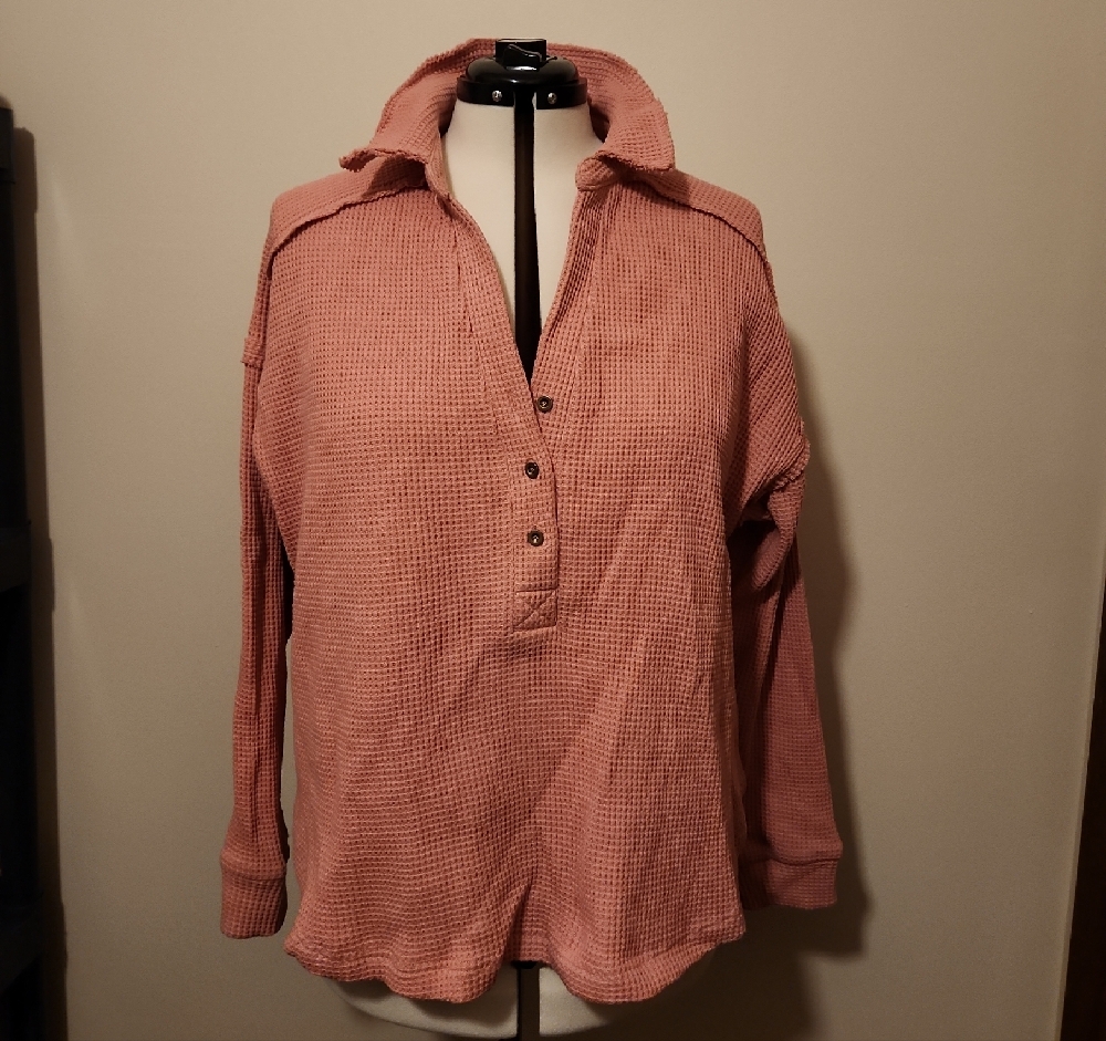 Pink Waffle Knit Button-Up Top